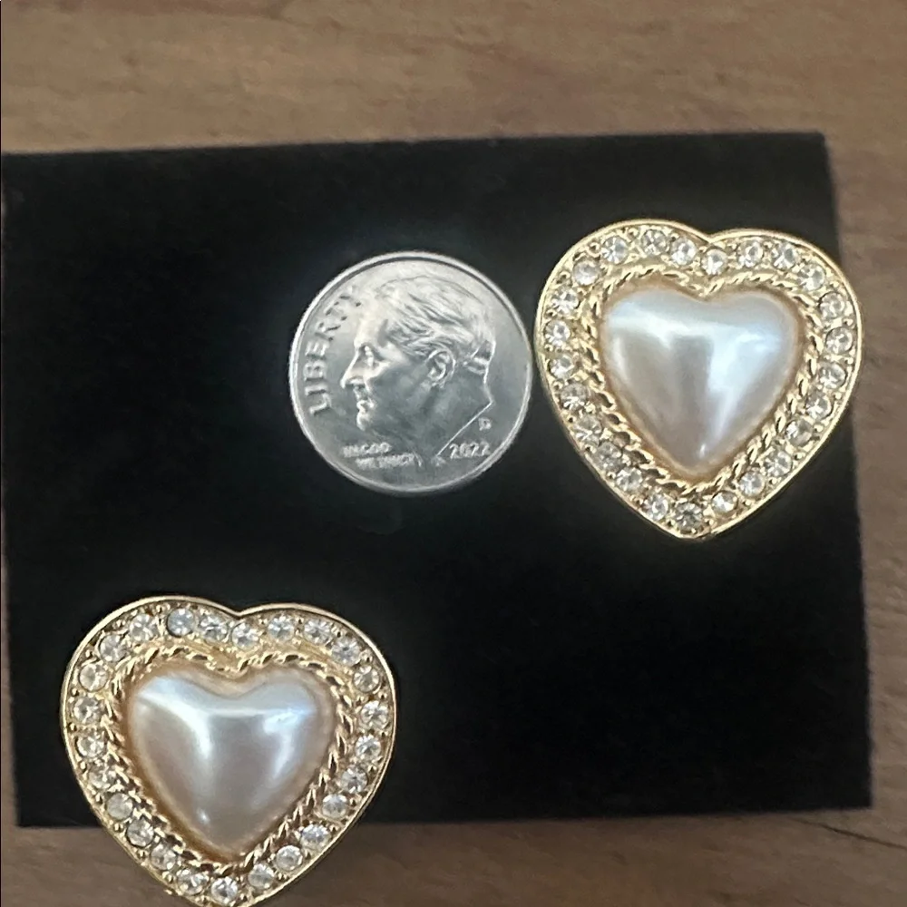 Vintage Gold Tone Faux Pearl Heart Shaped Pierced Earrings
